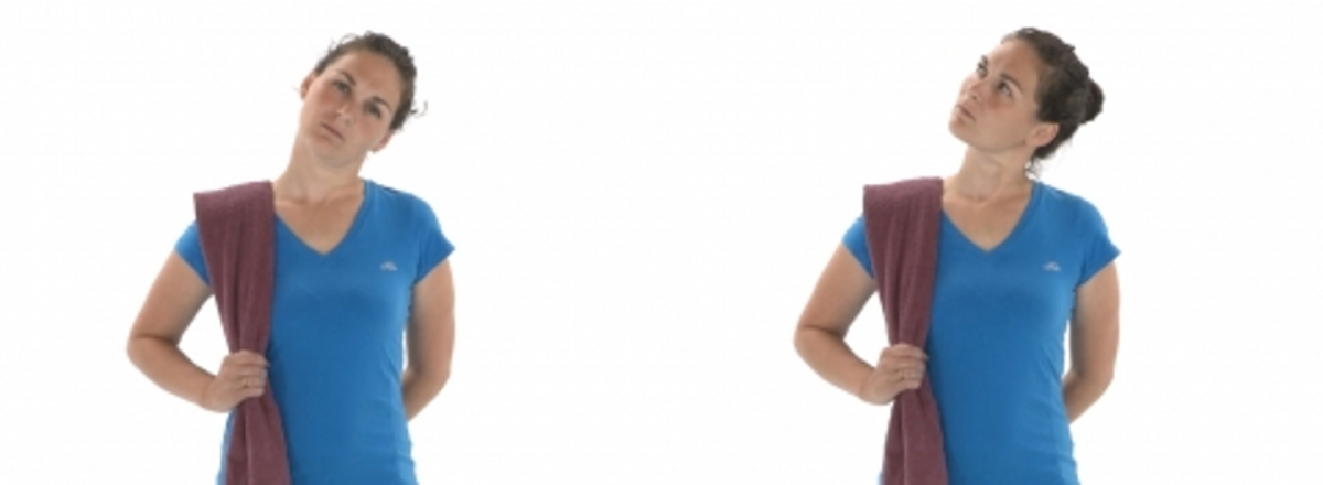 a woman doing a lower neck to collarbone stretch